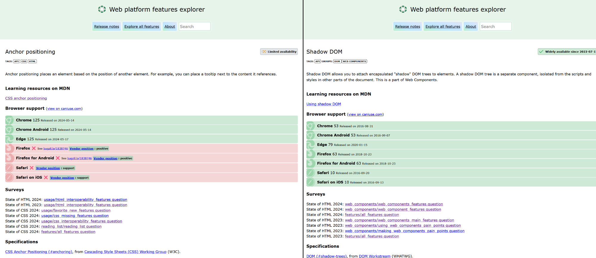 Two screenshots of the Web platform feature explorer site. One is showing a limited availability feature, with some vendor position links. The other is showing a widely available feature, with some links to state of CSS survey results.